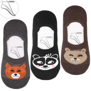 Stopki damskie 3-pak z buźkami liska, pandy i misia – niskie bawełniane skarpetki – rozmiar 38–41