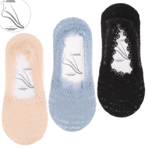 Koronkowe skarpetki damskie stopki 3-pak Moraj z ABS – czarne, beżowe, niebieskie – rozmiar 38–41