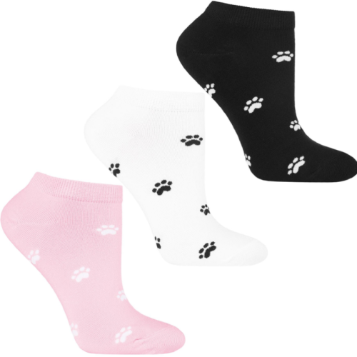 Zestaw 3 par damskich skarpetek stopki Moraj z motywem łapek w kolorach czarnym, białym i różowym, rozmiar 38-41