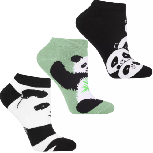 Zestaw 3 par damskich skarpetek stopki Moraj z motywem pandy – czarne, zielone i białe, rozmiar 38-41