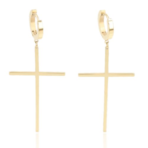 Kolczyki złote wiszące z krzyżykiem widok z przodu