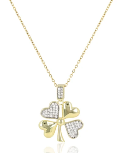 Złoty naszyjnik damski z koniczynką i kryształkami – stal szlachetna