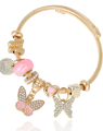 Złota bransoletka damska bangle ze stali szlachetnej z różowymi koralikami, motylkiem i serduszkiem – elegancka biżuteria na prezent