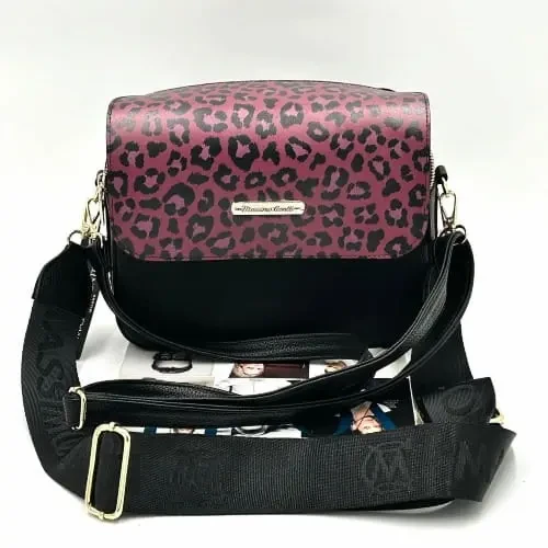 Torebka Massimo Contti czarna z klapką w różowo-czarną panterkę – front